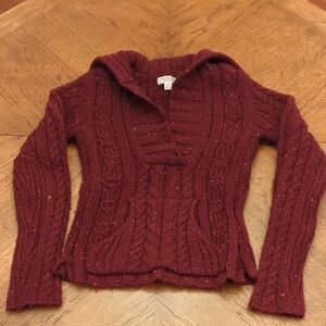 Y2K American Eagle Women's Burgundy Wool Cable Knit Sweater